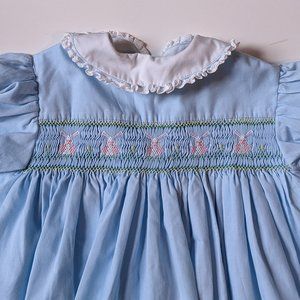 Hand Smocked Pale Blue Dress with Bunny Smocking 3/4 size